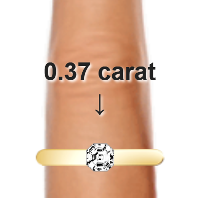 0.37ct asscher diamond (4.03×4.03mm) shown on ring and finger