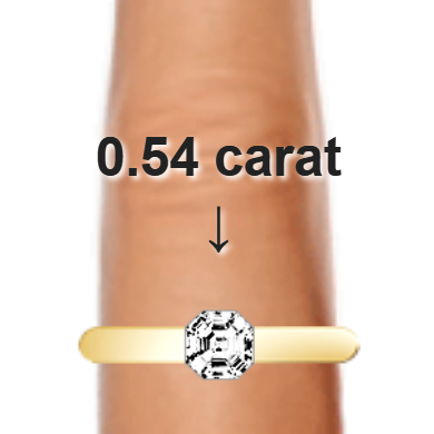 0.54ct asscher diamond (4.57×4.57mm) shown on ring and finger