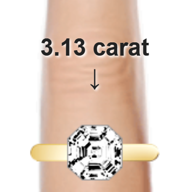 3.13ct asscher diamond (8.21&times;8.21mm) shown on ring and finger