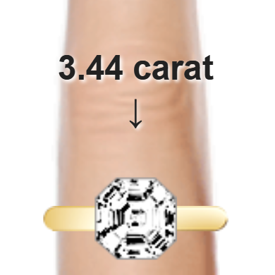 3.44ct asscher diamond (8.47×8.47mm) shown on ring and finger