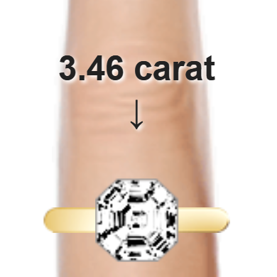 3.46ct asscher diamond (8.49×8.49mm) shown on ring and finger
