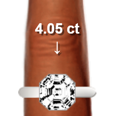 4.05ct asscher diamond (8.95×8.95mm) shown on ring and finger