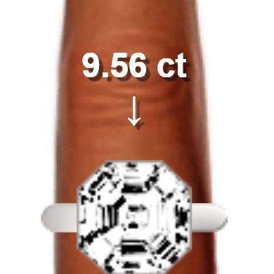 9.56ct asscher diamond (11.91×11.91mm) shown on ring and finger