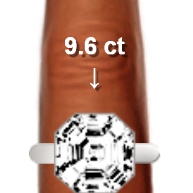 9.6ct asscher diamond (11.93×11.93mm) shown on ring and finger