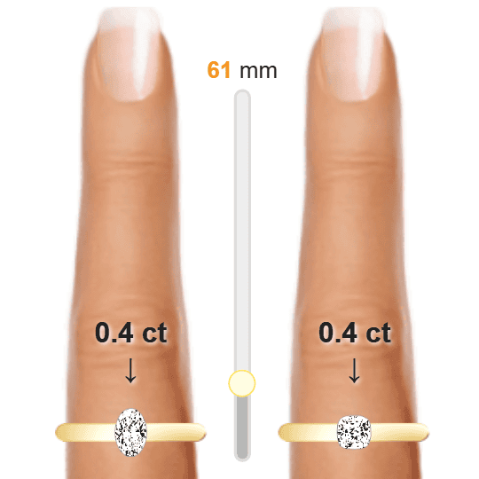 Image of the size comparison between 0.4ct Oval and 0.4ct Cushion