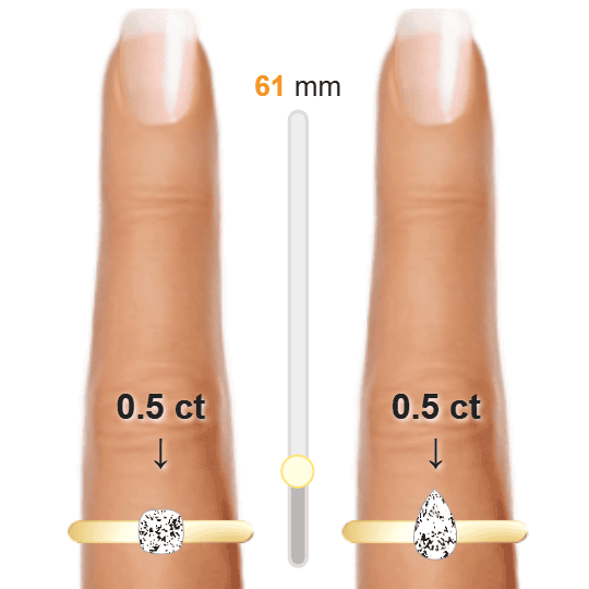 Image of the size comparison between 0.5ct Cushion and 0.5ct Pear