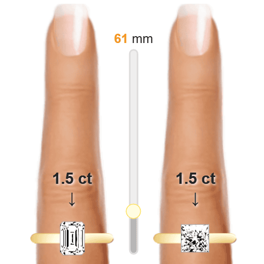 Image of the size comparison between 1.5ct Emerald and 1.5ct Princess