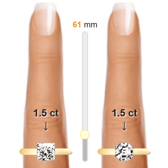 Image of the size comparison between 1.5ct Princess and 1.5ct Asscher