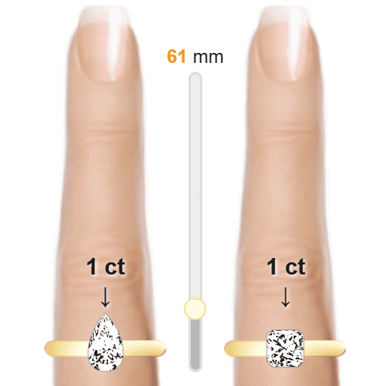 Image of the size comparison between 1ct Pear and 1ct Radiant