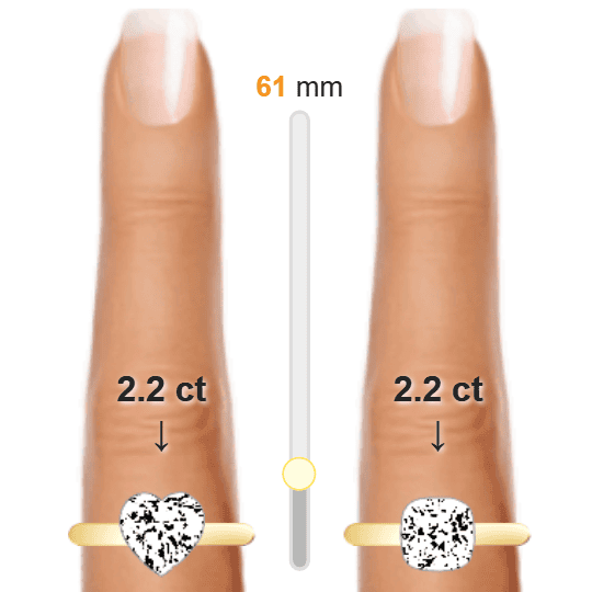 Image of the size comparison between 2.2ct Heart and 2.2ct Cushion
