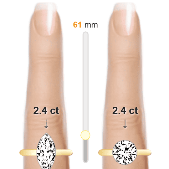 Image of the size comparison between 2.4ct Marquise and 2.4ct Round