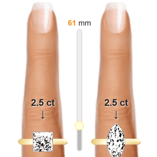Image of the size comparison between 2.5ct Princess and 2.5ct Marquise