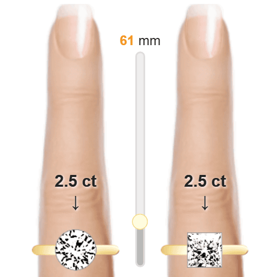 Image of the size comparison between 2.5ct Round and 2.5ct Princess