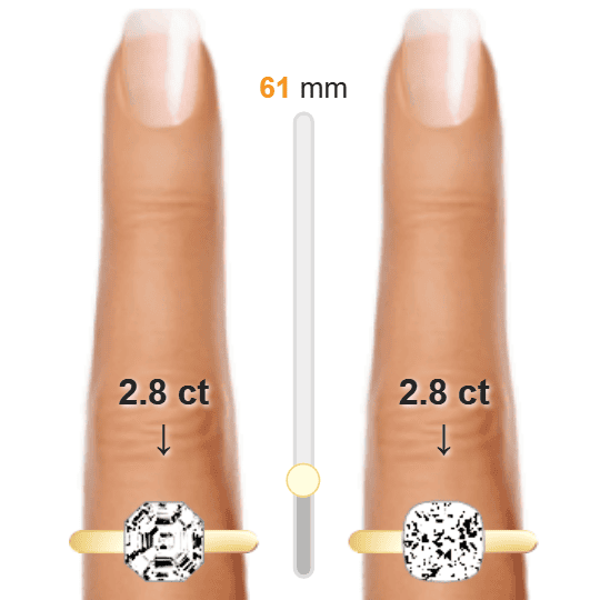 Image of the size comparison between 2.8ct Asscher and 2.8ct Cushion