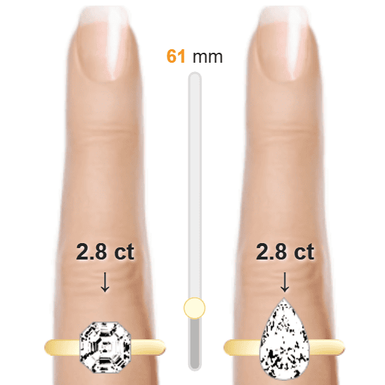 Image of the size comparison between 2.8ct Asscher and 2.8ct Pear