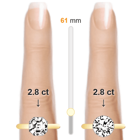 Image of the size comparison between 2.8ct Asscher and 2.8ct Round
