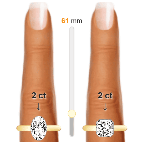 Image of the size comparison between 2ct Oval and 2ct Radiant