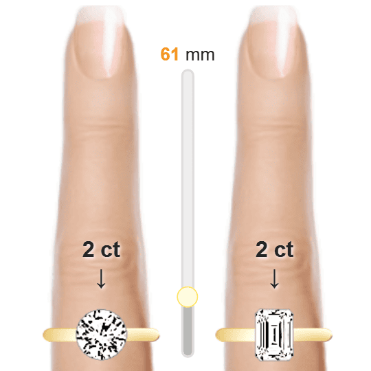 Two carat round and emerald diamond size comparison