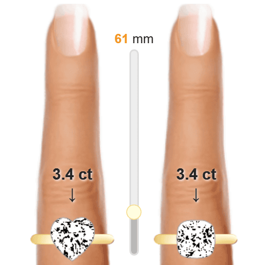 Image of the size comparison between 3.4ct Heart and 3.4ct Cushion