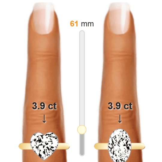 Image of the size comparison between 3.9ct Heart and 3.9ct Oval
