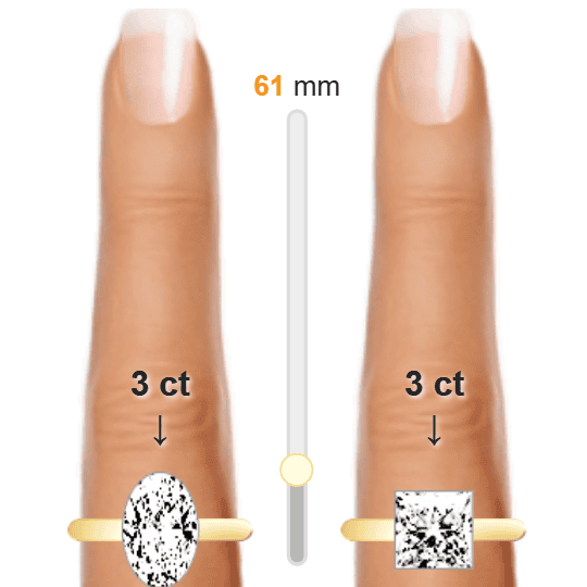 Image of the size comparison between 3ct Oval and 3ct Princess