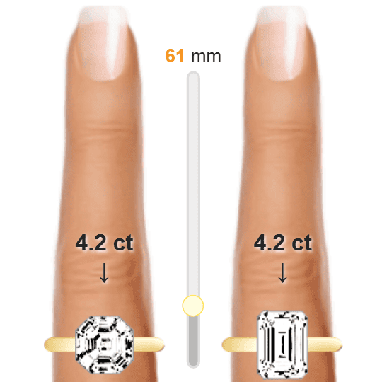 Image of the size comparison between 4.2ct Asscher and 4.2ct Emerald