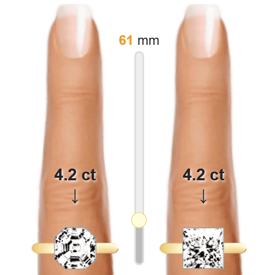 Image of the size comparison between 4.2ct Asscher and 4.2ct Princess
