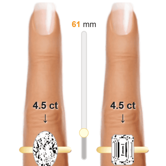 Image of the size comparison between 4.5ct Oval and 4.5ct Emerald