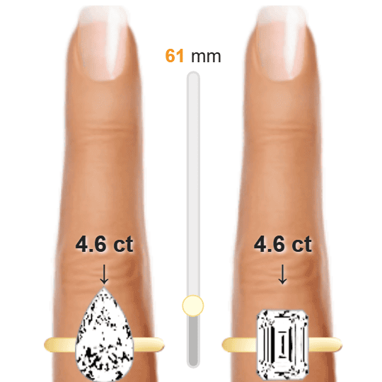 Image of the size comparison between 4.6ct Pear and 4.6ct Emerald