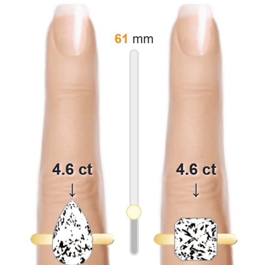 Image of the size comparison between 4.6ct Pear and 4.6ct Radiant