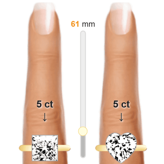 Image of the size comparison between 5ct Princess and 5ct Heart