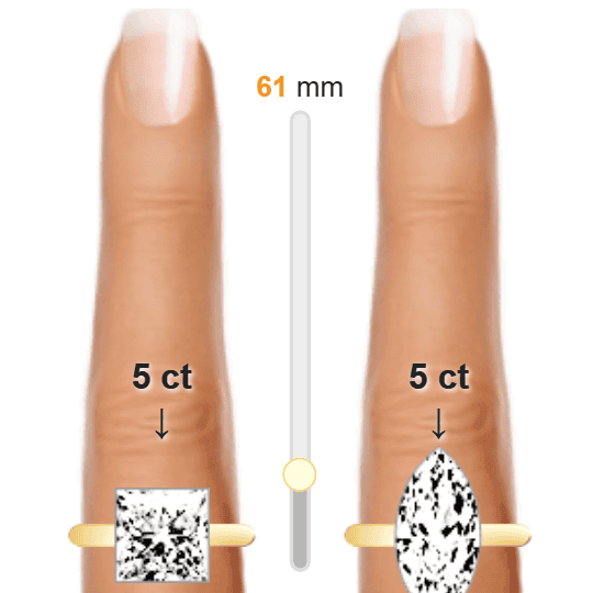 Image of the size comparison between 5ct Princess and 5ct Marquise