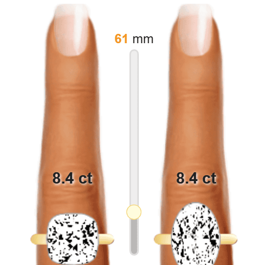 Image of the size comparison between 8.4ct Cushion and 8.4ct Oval