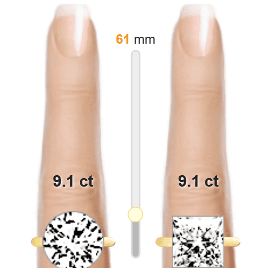 Image of the size comparison between 9.1ct Round and 9.1ct Princess