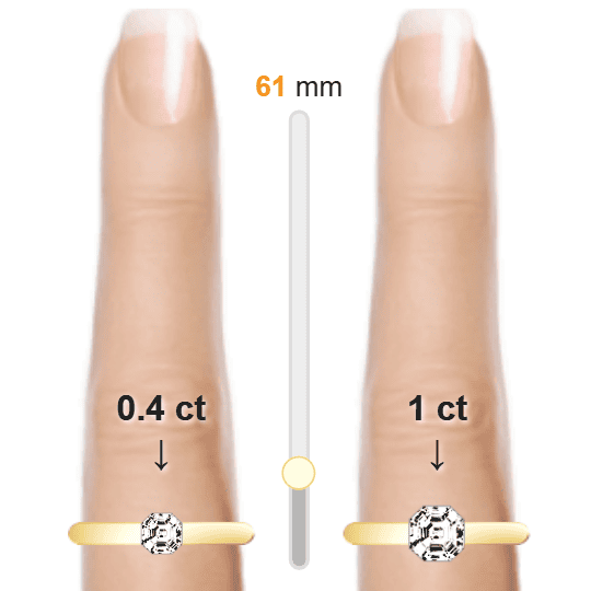 Image of the size comparison between 0.4ct Asscher and 1ct Asscher