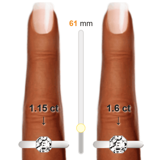 Image of the size comparison between 1.15ct Asscher and 1.6ct Asscher