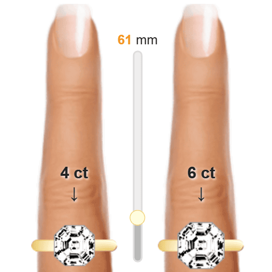 Image of the size comparison between 4ct Asscher and 6ct Asscher