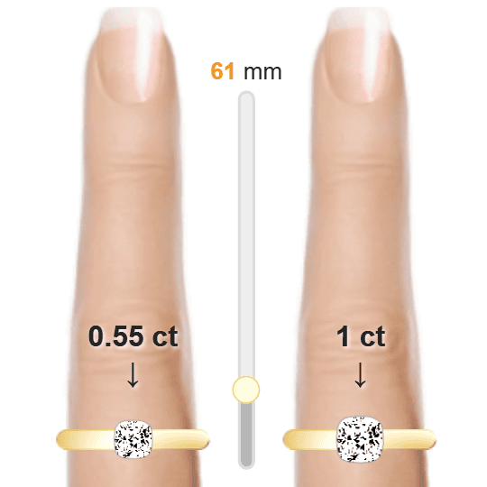 Image of the size comparison between 0.55ct Cushion and 1ct Cushion