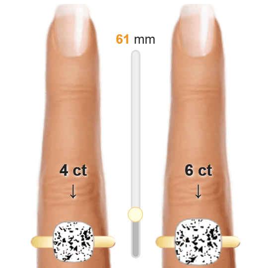 Image of the size comparison between 4ct Cushion and 6ct Cushion