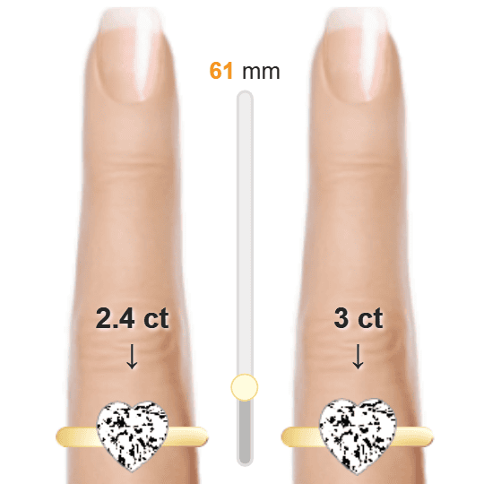 Image of the size comparison between 2.4ct Heart and 3ct Heart
