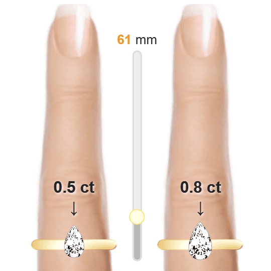 Image of the size comparison between 0.5ct Pear and 0.8ct Pear
