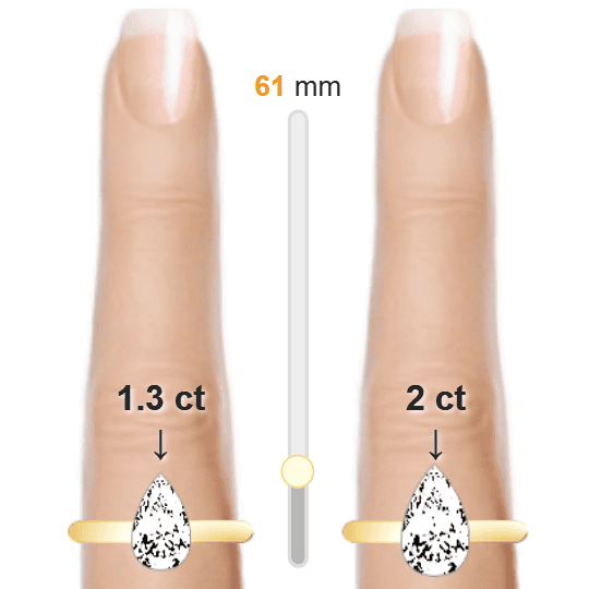 Image of the size comparison between 1.3ct Pear and 2ct Pear