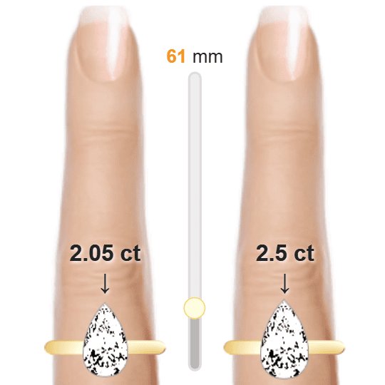 Image of the size comparison between 2.05ct Pear and 2.5ct Pear