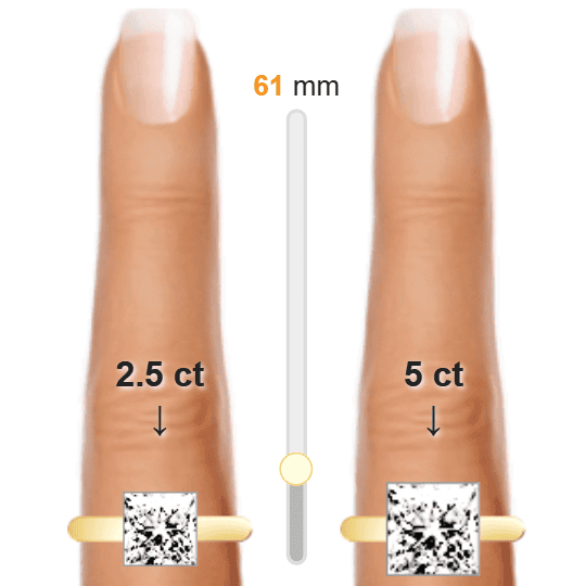 Image of the size comparison between 2.5ct Princess and 5ct Princess