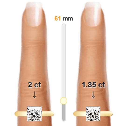 Image of the size comparison between 2ct Princess and 1.85ct Princess