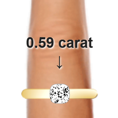 0.59ct cushion diamond (4.89×4.89mm) shown on ring and finger