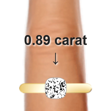 0.89ct cushion diamond (5.6×5.6mm) shown on ring and finger