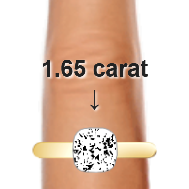 1.65ct cushion diamond (6.88×6.88mm) shown on ring and finger