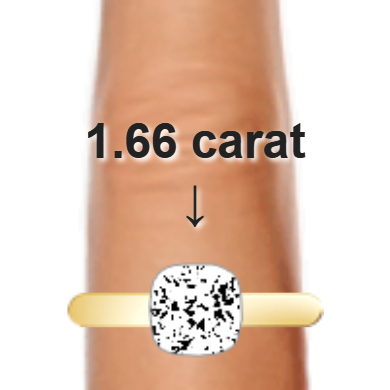 1.66ct cushion diamond (6.9&times;6.9mm) shown on ring and finger