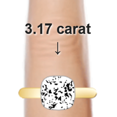 3.17ct cushion diamond (8.56×8.56mm) shown on ring and finger